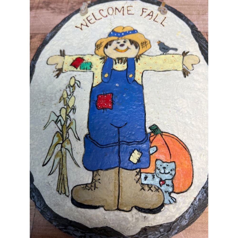 Welcome Fall Scarecrow Slate Wall Plaque With Pumpkin & Cat Decoration